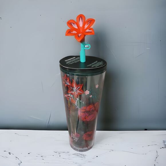 Starbucks 2022 Holiday Enchanted Forest Poinsettia Tumbler Flower Straw Topper - Picture 4 of 5